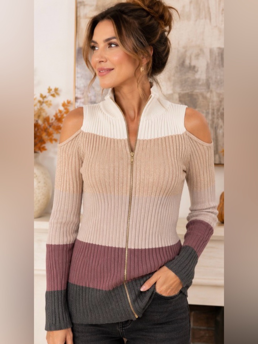 Chico’s Size 2 Cold Shoulder  Zip Sweater – Colorblock Metallic Mock Neck